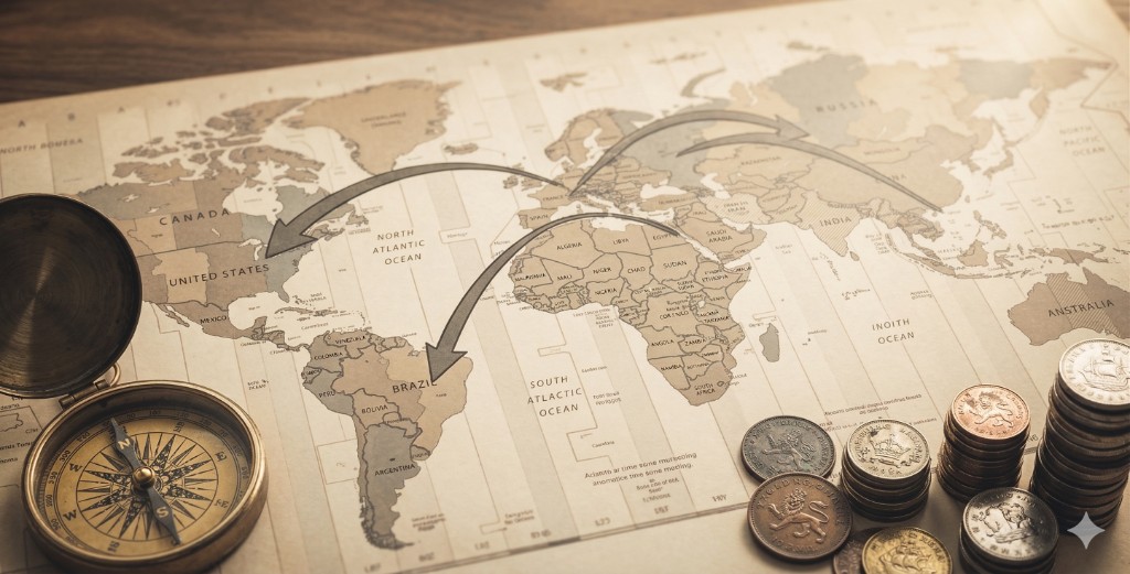 World map with compass and trade routes