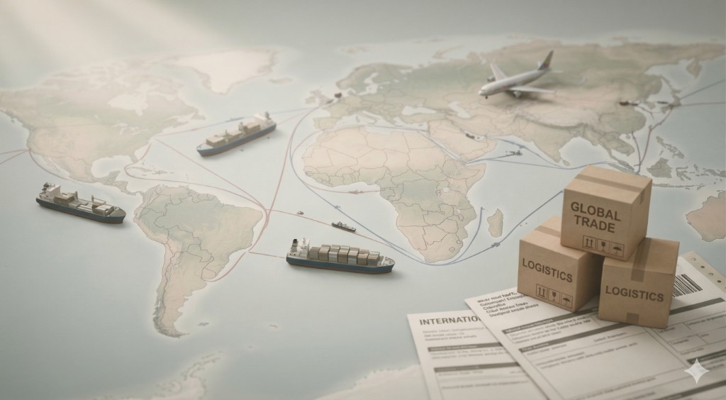 Global trade map with shipping routes